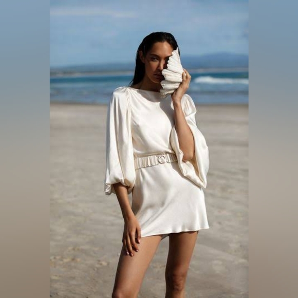 SHONA JOY La Lune Balloon Sleeve Mini Dress w Belt in Cream *NWT Size 12* - Picture 4 of 12